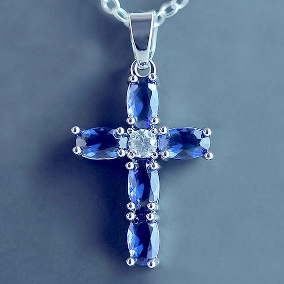 New Beautiful 925 Sterling Silver Sapphire Cross Necklace - Picture 2 of 4